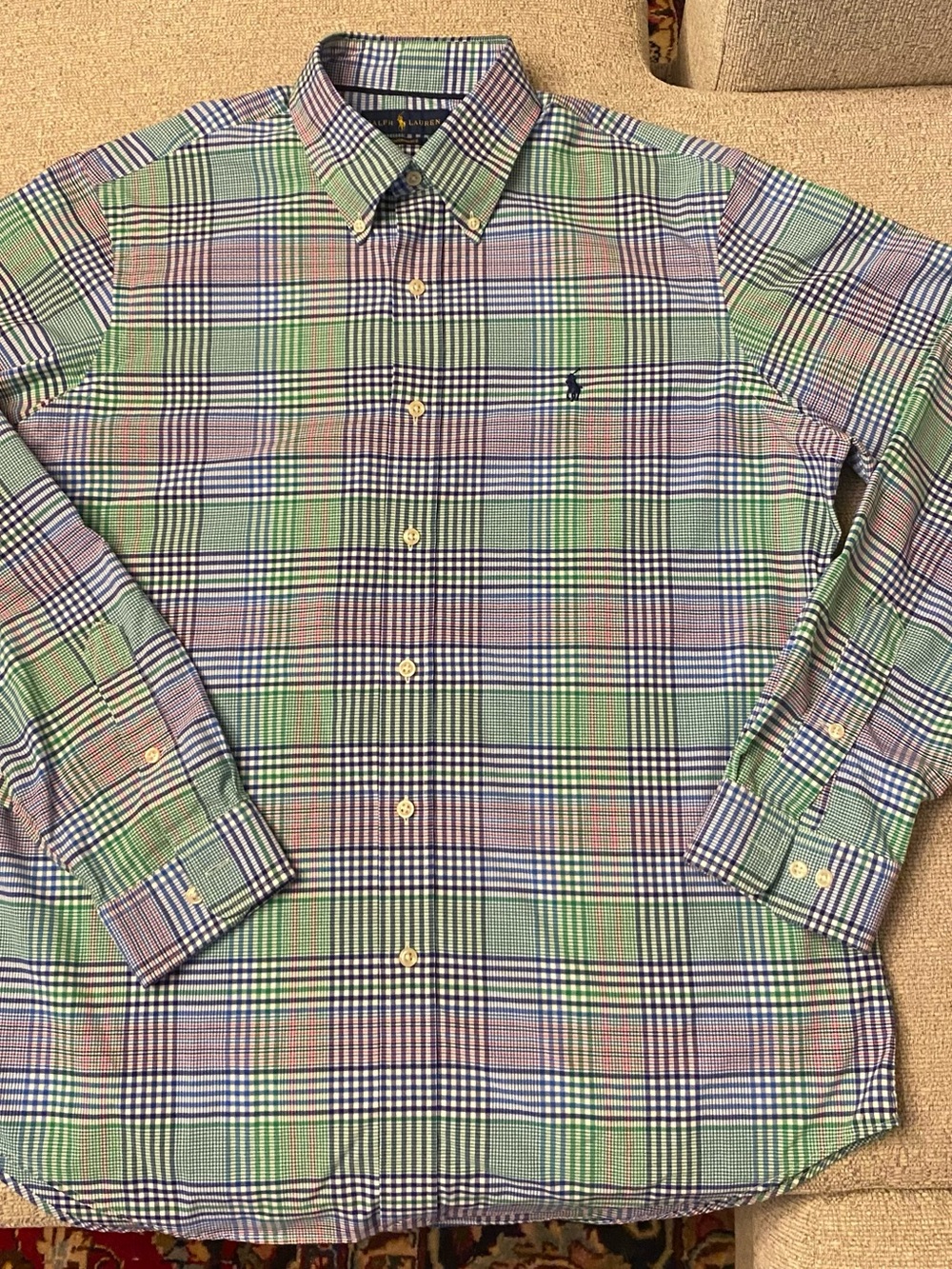 Ralph Lauren Green and Blue Plaid Button‑Down Shirt in performance fabric